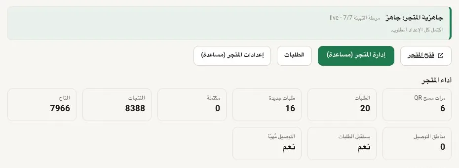 لوحة جاهزية المتجر: اكتمل الإعداد 7 من 7، المتجر مباشر، مع مربعات أداء المتجر